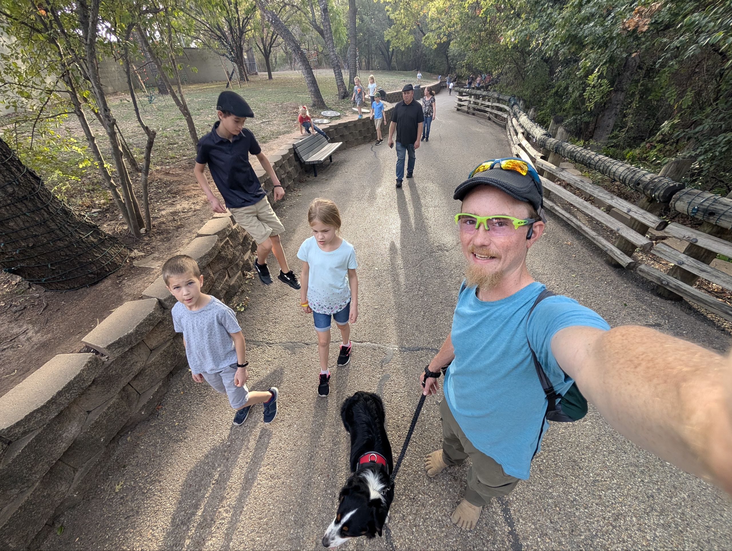 A dog interacting calmly with family members